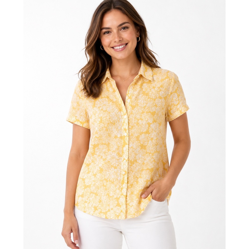 Lands‎ End Womens XS Yellow Tropical Leaf Print Tencel Modal Button Shirt NWT